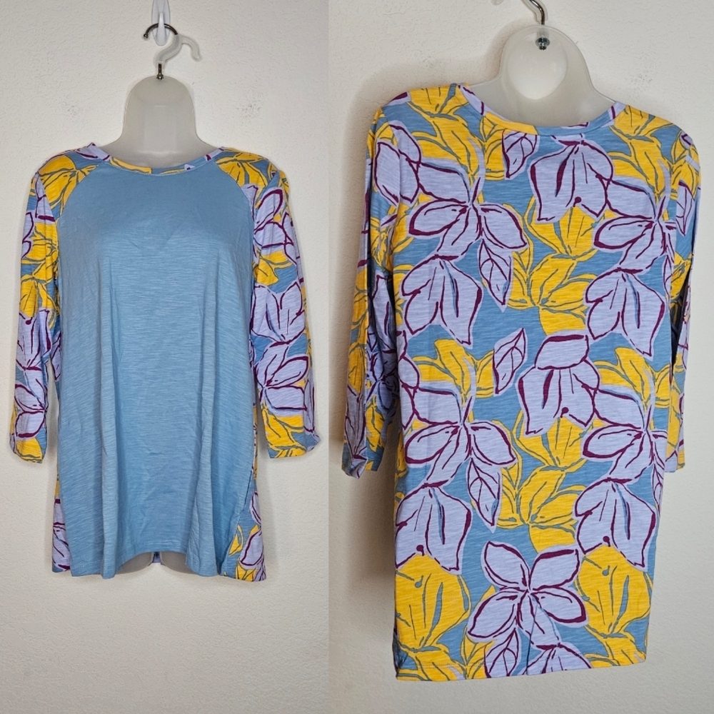 LOGO by Lori Goldstein Blue Yellow 100% Cotton Floral Long Sleeve Tunic